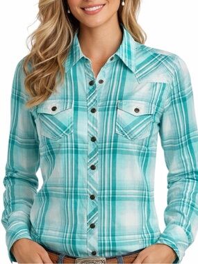 Ariat Plaid Western Shirt L Green Snap Button Cowgirl Rodeo Top